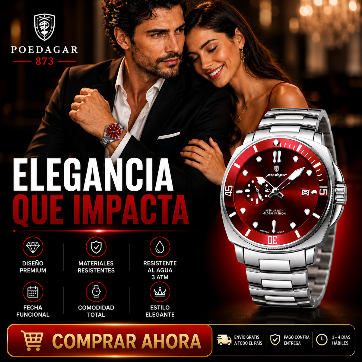 Reloj POEDAGAR 873 Dial Rojo – Hombre | Correa Acero Inoxidable | Envío RD