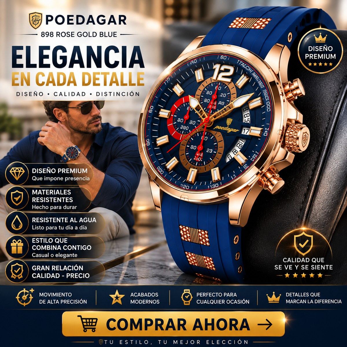Reloj POEDAGAR 898 Rose Gold Blue – Reloj de Lujo para Hombre