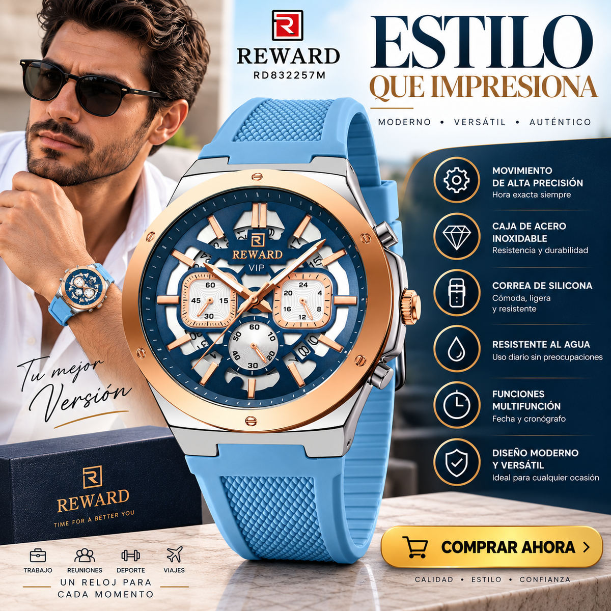 Reloj Reward RD832257M Azul Claro — Estilo y Elegancia para Tu Muñeca