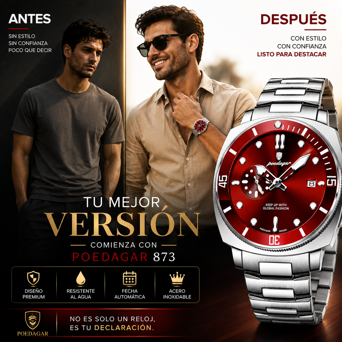 Reloj POEDAGAR 873 Dial Rojo – Hombre | Correa Acero Inoxidable | Envío RD