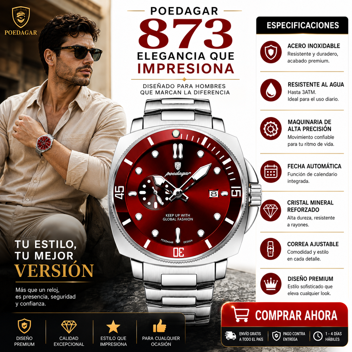 Reloj POEDAGAR 873 Dial Rojo – Hombre | Correa Acero Inoxidable | Envío RD