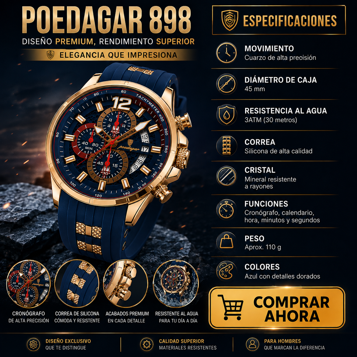 Reloj POEDAGAR 898 Rose Gold Blue – Reloj de Lujo para Hombre