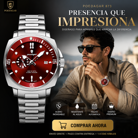 Reloj POEDAGAR 873 Dial Rojo – Hombre | Correa Acero Inoxidable | Envío RD