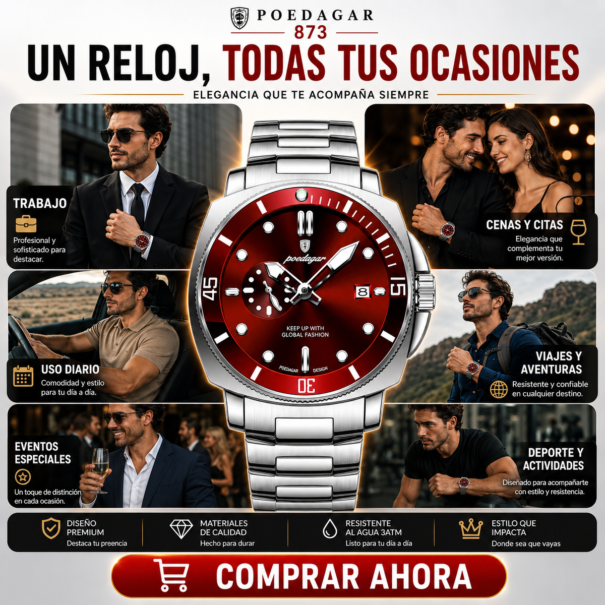 Reloj POEDAGAR 873 Dial Rojo – Hombre | Correa Acero Inoxidable | Envío RD