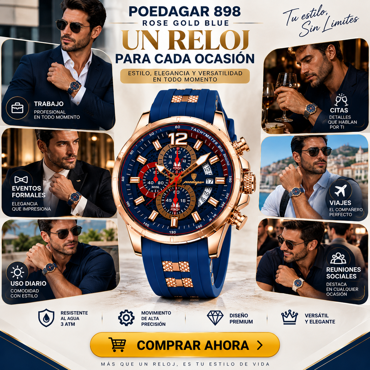 Reloj POEDAGAR 898 Rose Gold Blue – Reloj de Lujo para Hombre