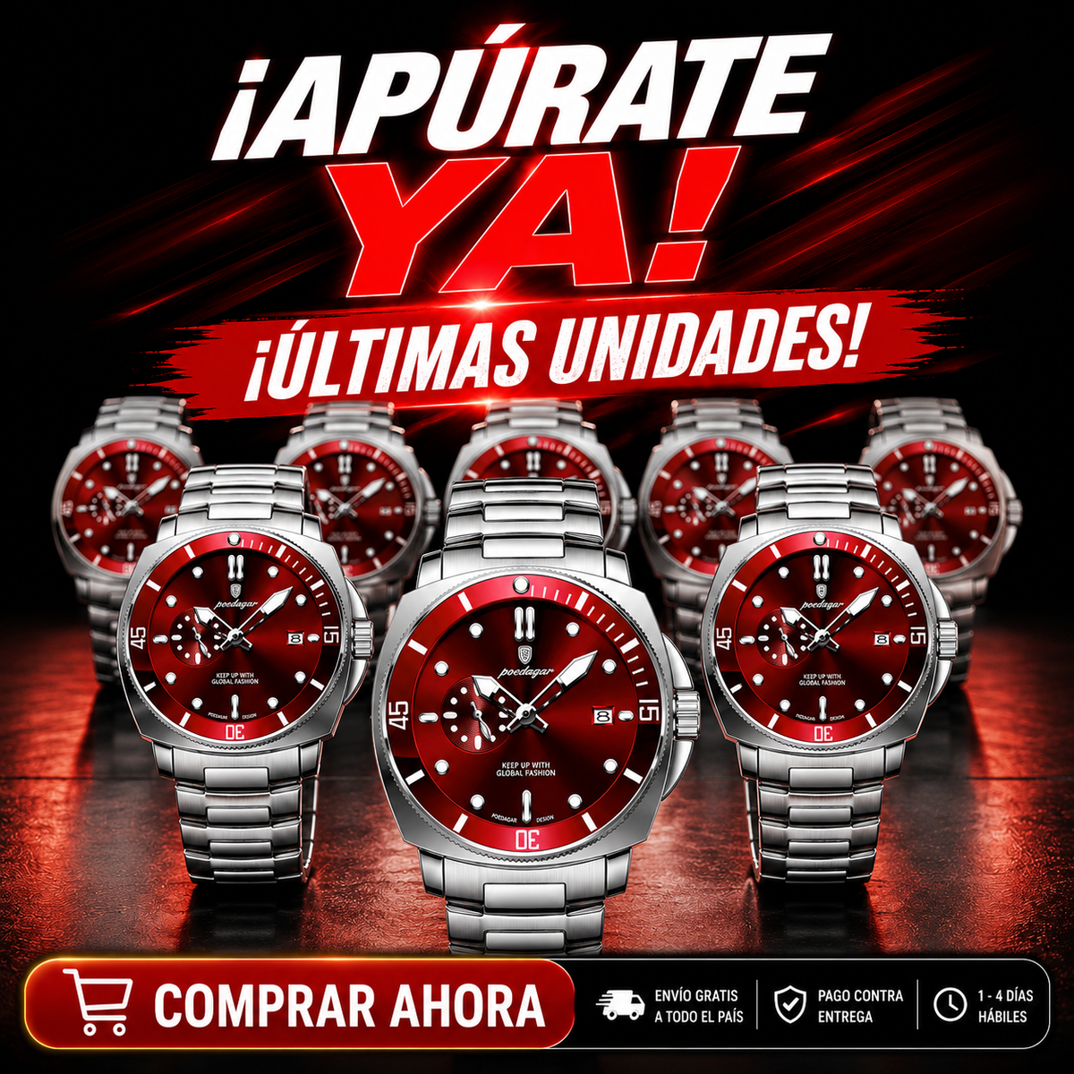 Reloj POEDAGAR 873 Dial Rojo – Hombre | Correa Acero Inoxidable | Envío RD
