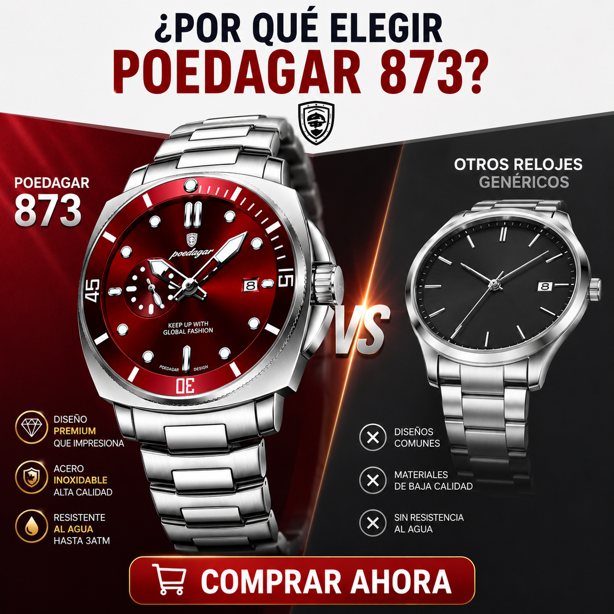 Reloj POEDAGAR 873 Dial Rojo – Hombre | Correa Acero Inoxidable | Envío RD