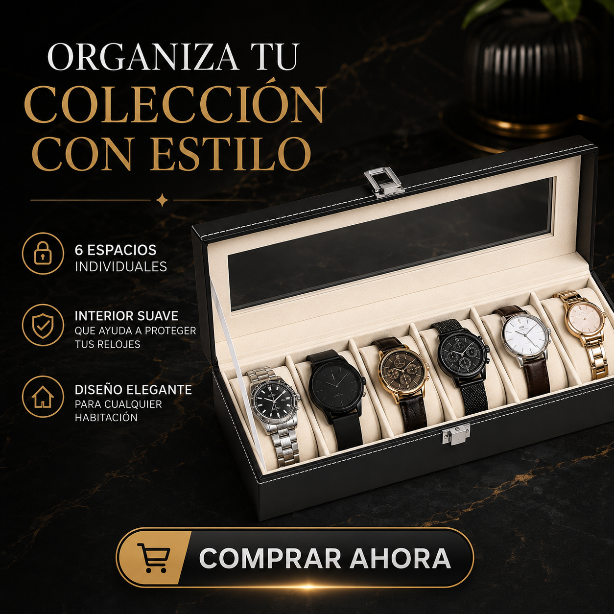 Caja Organizadora para Relojes Premium | 6 Espacios | Gamuza Sintética | RD